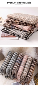 Close-up of thick houndstooth pattern scarf with fine fringe details and soft texture