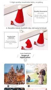 Detail of red and white Christmas mini hat hair clips with white pom-poms on metal duckbill clip