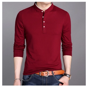 Detail of burgundy slim fit cotton Henley shirt featuring white buttons and standing collar