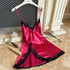 Luxurious dark red satin nightgown with black lace trim and sexy V-neck straps