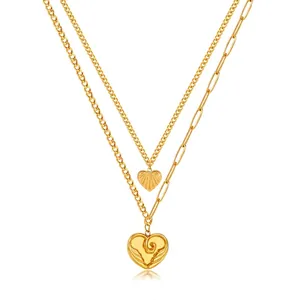 Vintage Stainless Steel Double Layered Heart Pendant Necklace Gold Plated Multi Row Choker Jewelry For Women Daily Dating Accessories