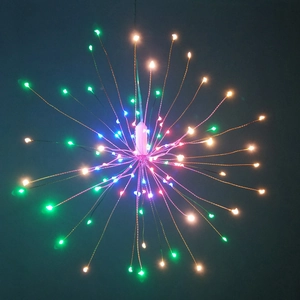 Macro detail of multi-color LED firework lights with radiating copper wire design