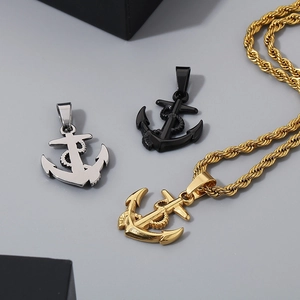 Nautical titanium steel anchor necklaces for men in silver, black and gold finishes