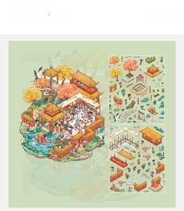 Close-up of Yuyuan Huaying ancient style 3D PVC stickers with court garden illustrations