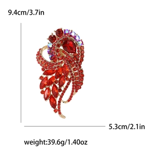 Elegant gold-tone alloy brooch with red rhinestones and feathers design 9.4cm height