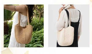 Detailed knit texture of large capacity straw shoulder bags in khaki and beige tones