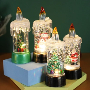 LED Christmas candle lantern with Santa and Snowman figures on geometric stands