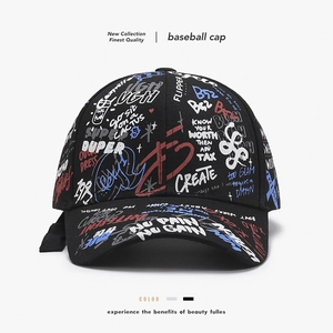 Graffiti Letter Print Cotton Baseball Cap Streetwear Hip Hop Casual Adjustable Curved Brim Sun Hat For Men Women