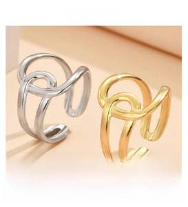 Detail of interlocking circle rings in gold and silver finish with adjustable bands