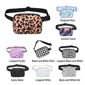 Nine stylish nylon fanny packs in assorted patterns like leopard, camo and checkered