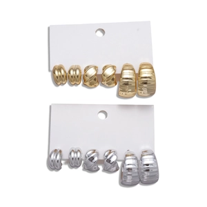 Set of 6 pairs minimalist gold and silver geometric C-shaped textured hoop earrings