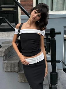 Women Contrast Color Off Shoulder Tube Top Polyester Spandex Slim Fit Streetwear Fashion Crop Top