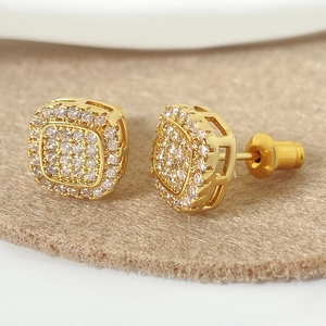 Hip hop style 18k gold plated square stud earrings with iced out micro pave diamonds