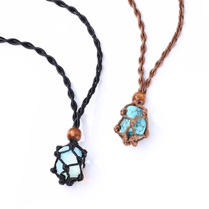 Handmade woven net bracelet set with natural turquoise and light blue crystals in wax rope