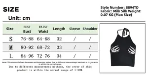 Size chart for women's halter crop top showing S, M, L measurements in milk silk fabric