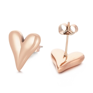 Minimalist heart-shaped rose gold stud earrings with polished stainless steel finish
