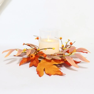 Autumn candle holder wreath with faux maple leaves and berries for table decor