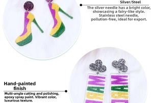 Detail of acrylic earring with dream text, high heel charm and silver needle material