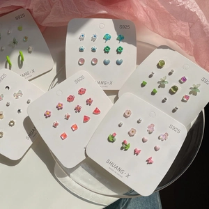 Set of minimalist S925 silver needle earrings with colorful floral and butterfly motifs