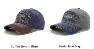 Detail of washed denim baseball caps featuring retro embroidery and vintage texture