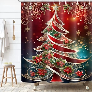 Detail of Christmas shower curtain with poinsettia tree and festive red background
