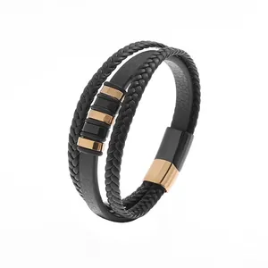 Three-layer men's braided leather bracelet with black textured straps and gold magnetic clasp