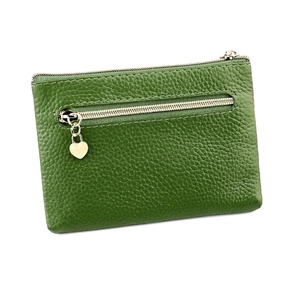 Detail of green litchi grain leather coin purse featuring a heart pendant and zipper