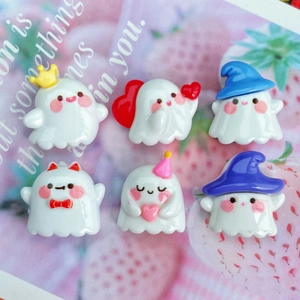 Set of six cute white resin ghost charms with colorful hats and bows for DIY accessories