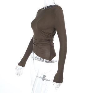 Close-up of the ruched side detail and texture on this brown long-sleeve slim fit t-shirt