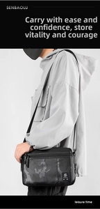 Detail view of men's nylon crossbody bag with camouflage texture and adjustable strap