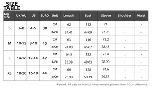 Detailed size chart for women's autumn winter sweater coat with US and UK measurements