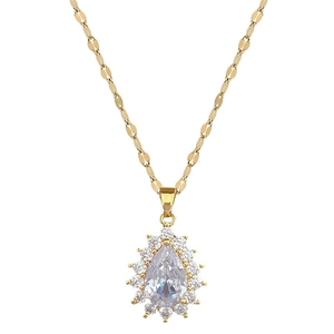 Titanium steel jewelry set featuring teardrop crystal necklace and earrings with CZ halo