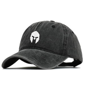 Washed cotton baseball cap with embroidered Spartan helmet logo for men and women