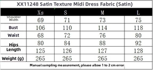 Detaillierte Größentabelle für Satin-Midikleid mit Brust-, Taillen- und Hüftmaßen