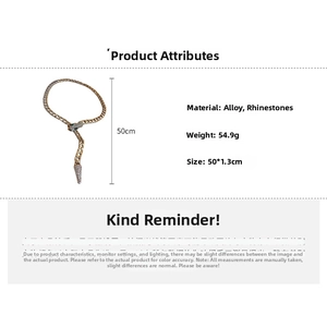 Detailed spec sheet of rhinestone snake chain necklace, length 50cm and weight 54.9g