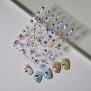 Cartoon astronaut and planet nail stickers set with colorful 3D designs for kids