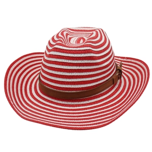 Close-up of red and white striped straw sun hat with a brown faux leather band detail