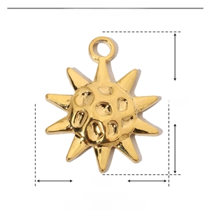 Detailed dimensions of the gold sun pendant in stainless steel showing 19mm height and 1.1g weight