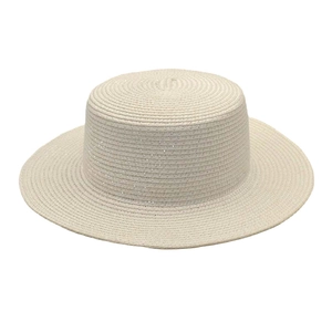 Classic cream woven flat top boater straw hat with wide brim for summer beach sun protection