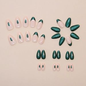 Christmas tree press-on nails with green glitter French tips and nude base almond shape