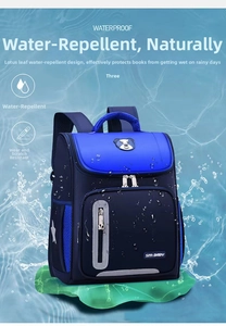 Waterproof blue kids backpack with cartoon bear emblem shown with water splash effect
