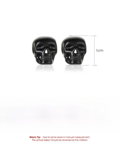 Technical detail of black skull earrings with 1cm size markers and material specs