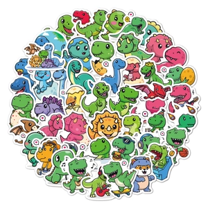 Vibrant cartoon dinosaur stickers for children featuring various cute T-Rex and Triceratops