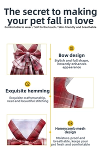 Detail of red plaid dog harness featuring a breathable honeycomb mesh and bow decoration