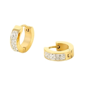 Elegant gold-plated stainless steel huggie earrings with double row rhinestone inlay