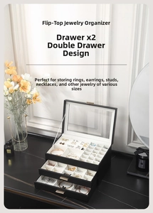 Detail of jewelry box with transparent flip lid and multiple drawer compartments