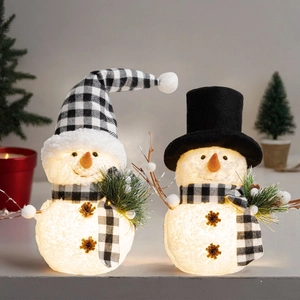 Christmas Snowman Figurine LED Light Up Glowing Holiday Decoration Polyester Plaid Hat Scarf Pine Cones Warm Desktop Ornament