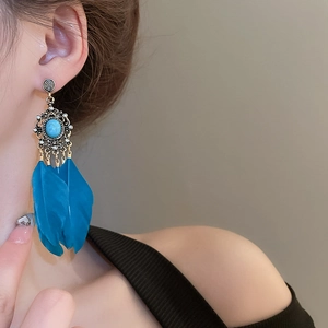 Gros plan détaillé de boucles d'oreilles bohèmes en plumes avec turquoise et métal vintage