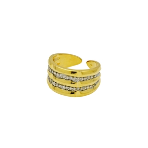 Macro shot of X-pattern two-tone open ring with zircon inlay and gold-plated finish