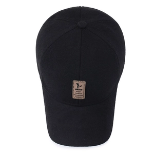 Thick wool winter baseball cap for men with ear protection and brown leather patch
